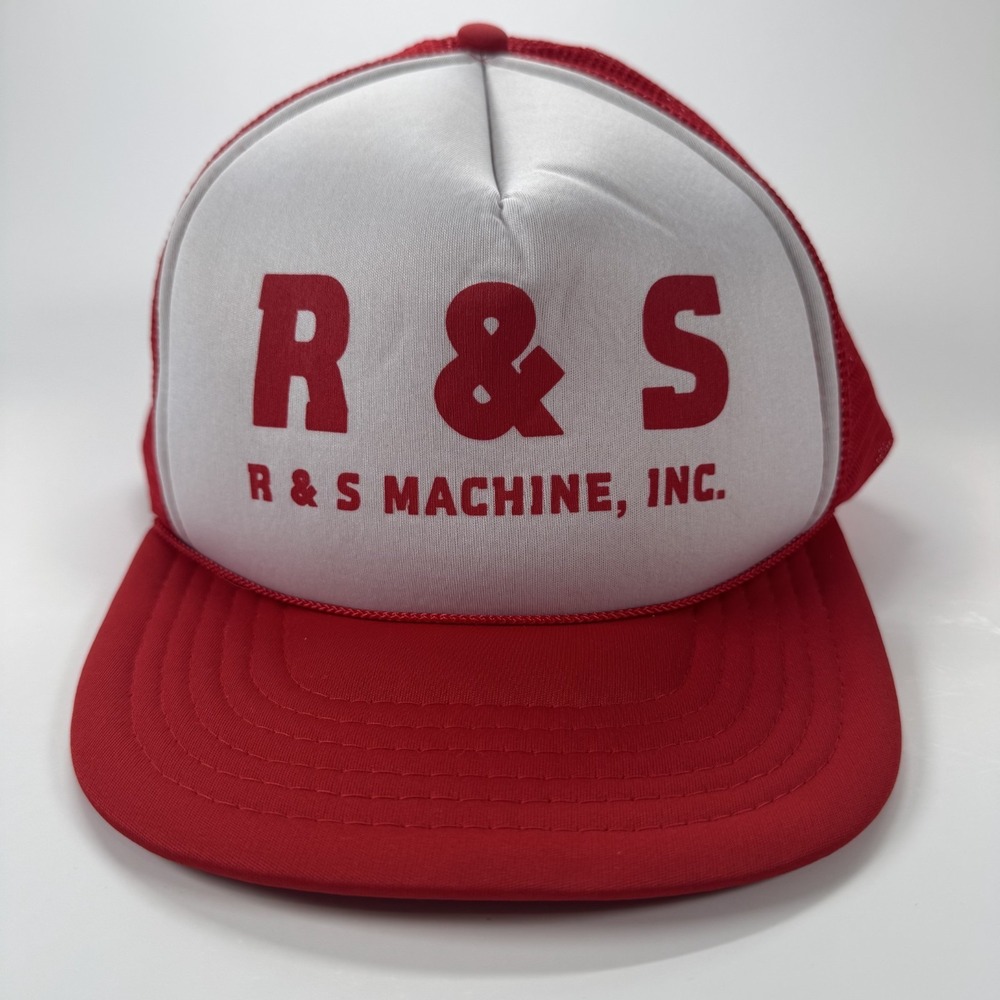 VTG R&S Machine Inc Red White Foam Trucker Hat Rope Brim Snapback 80s Industrial